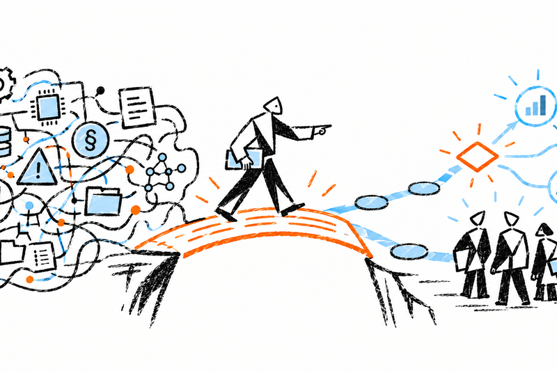 Illustration: Eine beratende Person überquert eine orangefarbene Brücke von einem chaotischen Geflecht aus Daten, Dokumenten und Warnsymbolen hin zu einem klaren, strukturierten Pfad, der zu einem Entscheiderteam und Symbolen für Wachstum, Haken und Zielg